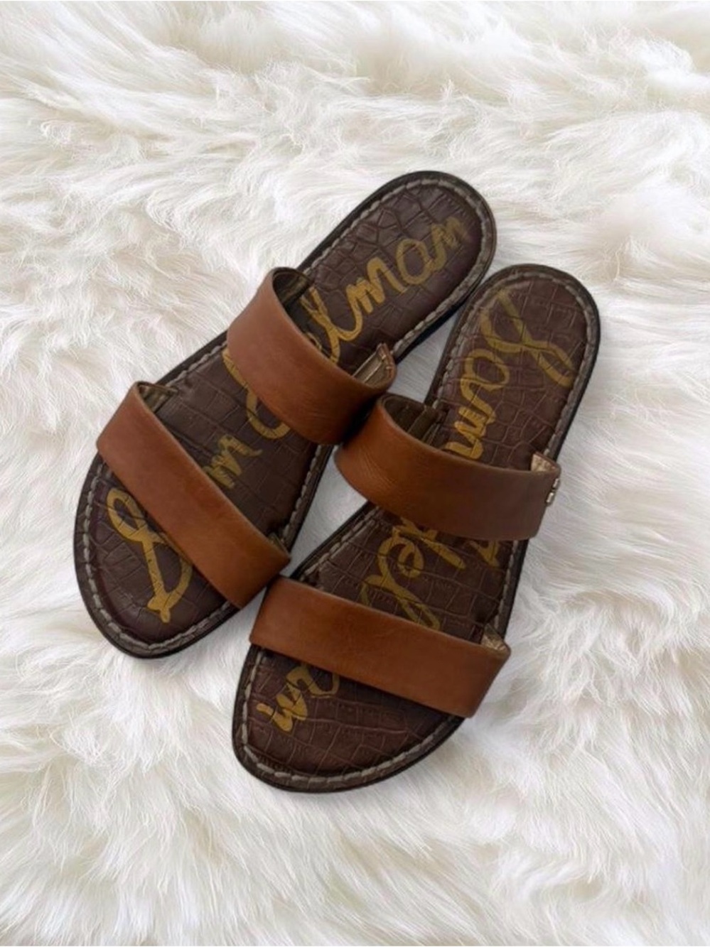 Sam Edelman Brown Leather Double-Strap Slide Sandals